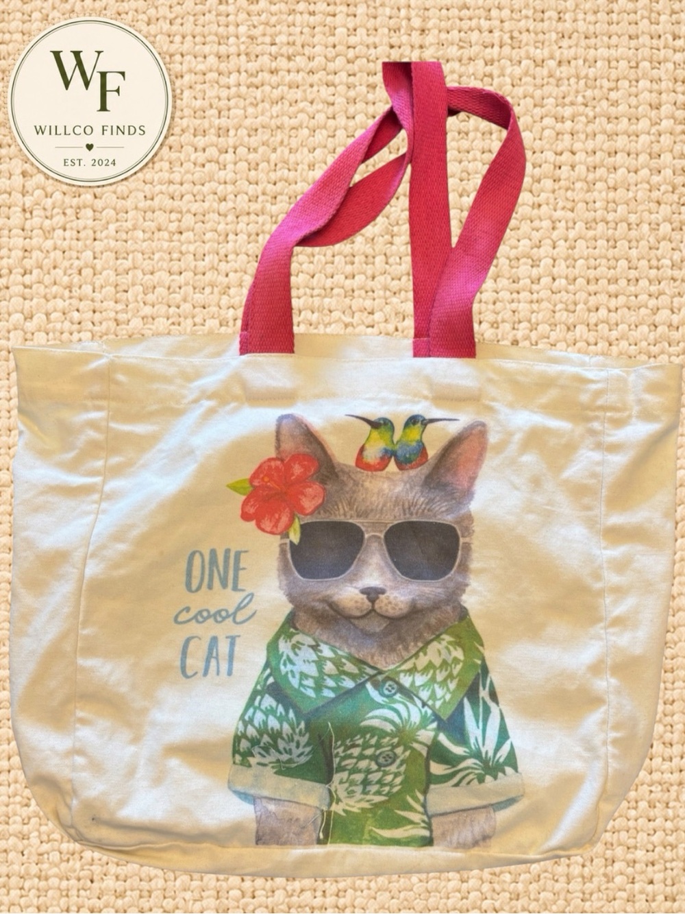 One Cool Cat Tropical Canvas Tote Bag Pink Handles Sunglasses Hawaiian